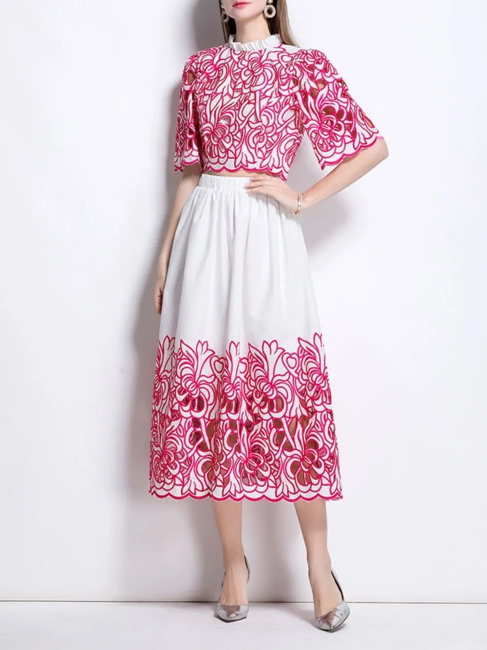 Mahira Rose Red Flower Embroidery Two-Piece Set - OWNCI Mahira Rose Red Flower Embroidery Two-Piece Set - OWNCI
