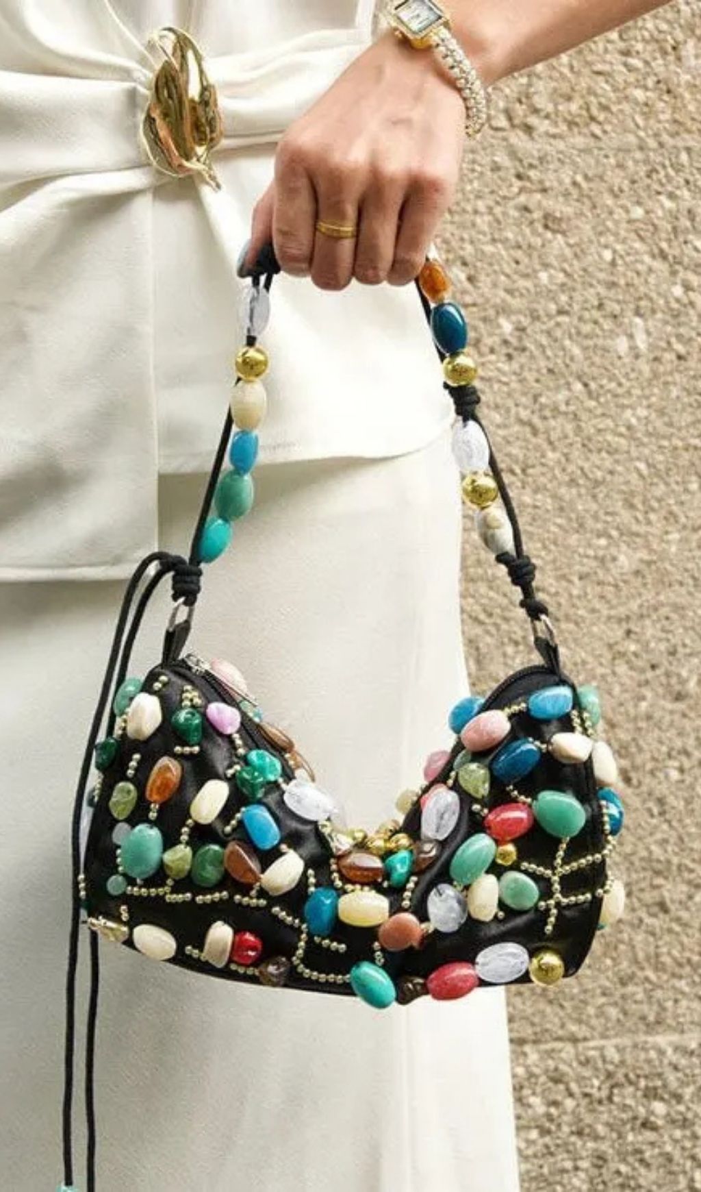 Beaded Crescent Shoulder Bag With Colorful Stone Embellishments