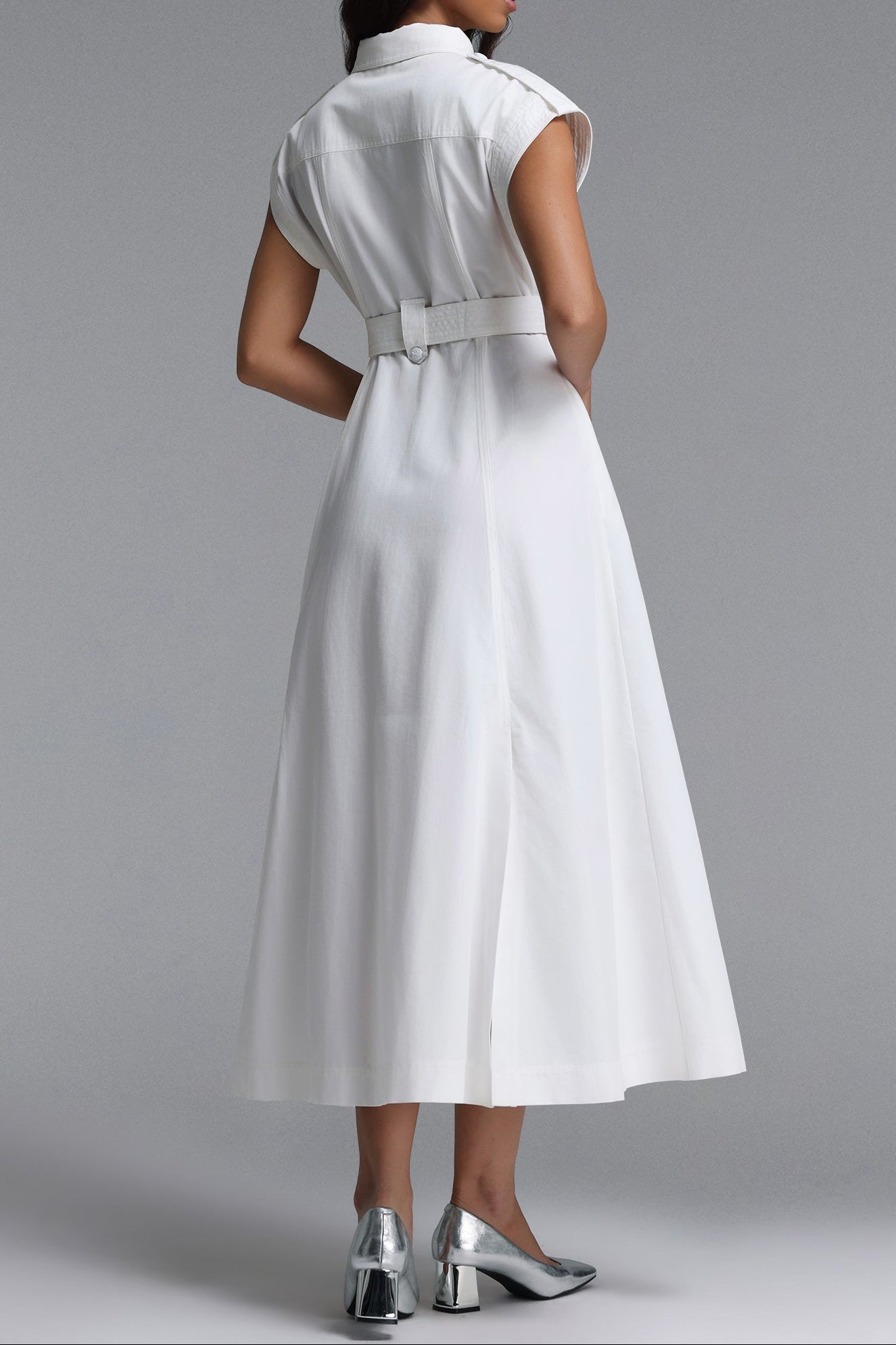 bc8e12aa9ea8c2de99e8ae49ecb8090a White Cap Sleeve Belted Cargo Pocket Front Split Midi Shirt Dress