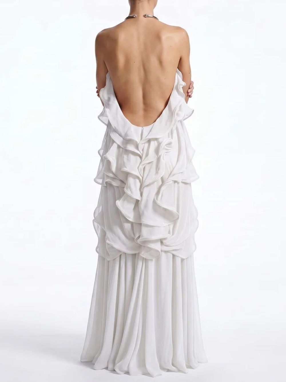 Fashionslee Women Kaelum Backless Ruffle Maxi Dress In White