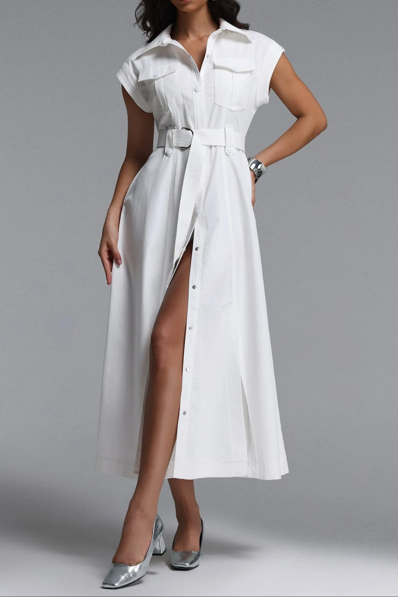 White Cap Sleeve Belted Cargo Pocket Front Split Midi Shirt Dress