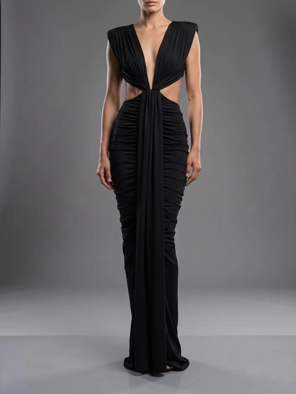 Mali Black Ruched Cutout Maxi Dress - OWNCI Mali Black Ruched Cutout Maxi Dress - OWNCI