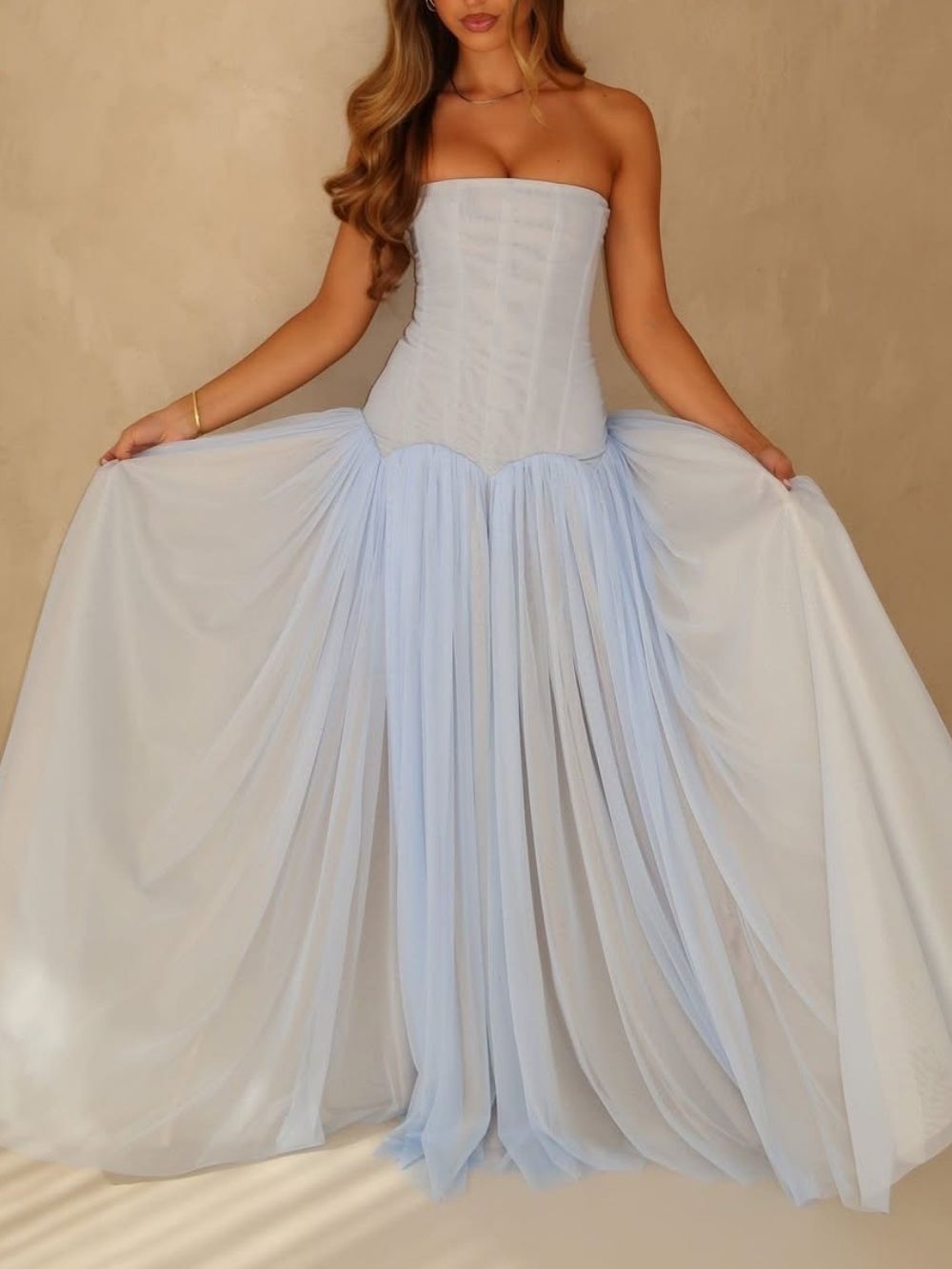 Fashionslee Women Madilyn Blue Strapless Corset Mesh Maxi Dress