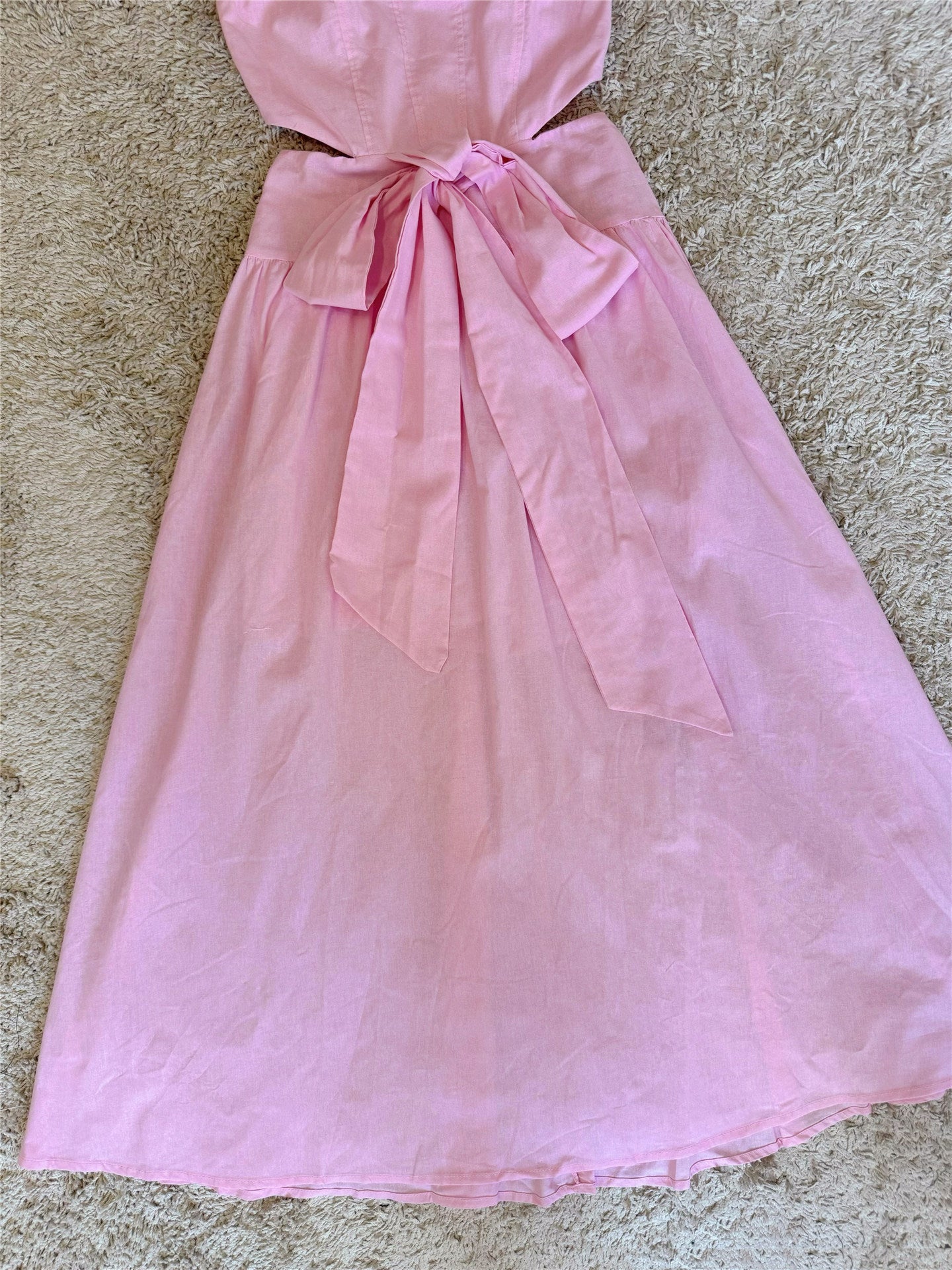 Pink Bow Waist-Revealing Square Neck Cotton-Linen Dress