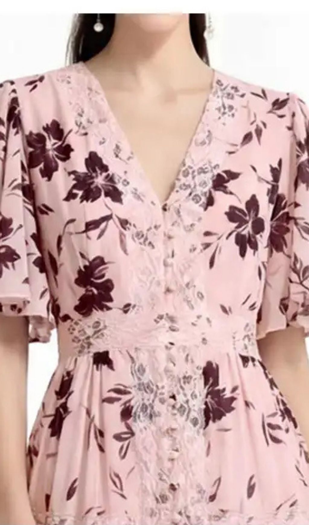 Ashley V-Neck Lace Trim Printed Maxi Dress - Pink