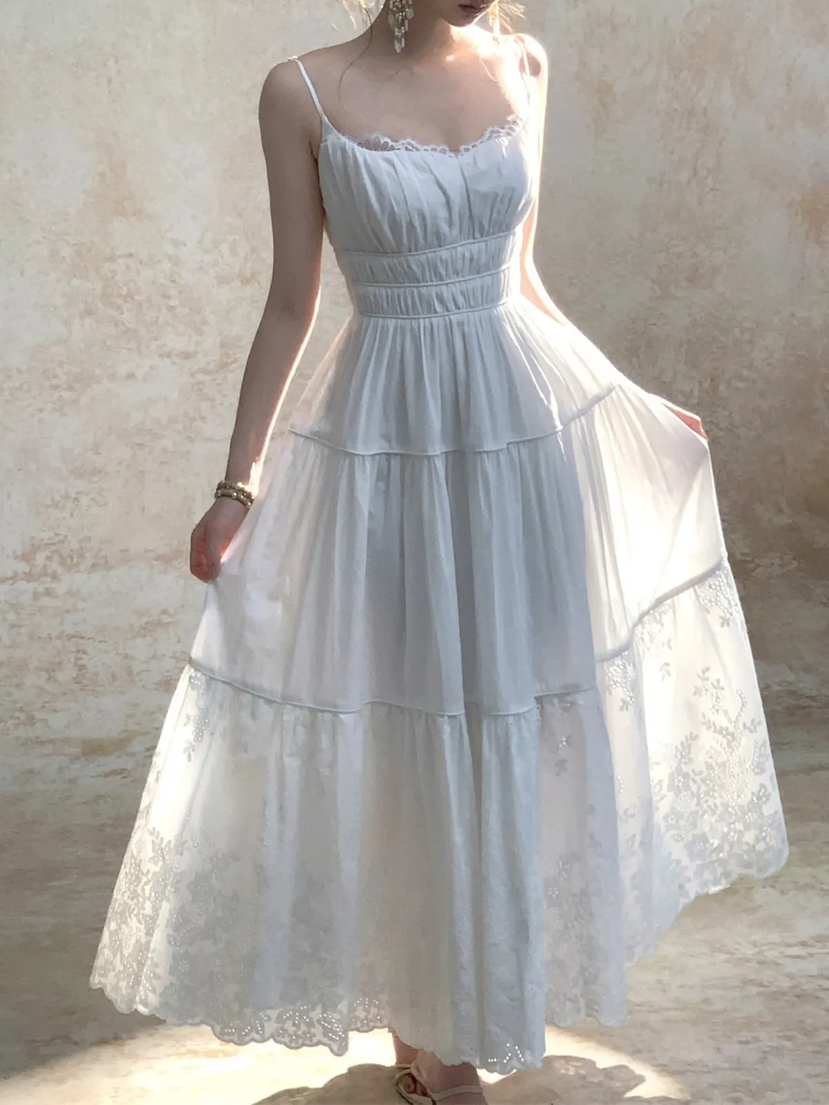 Cotton Embroidered Spaghetti Strap Maxi Dress - White