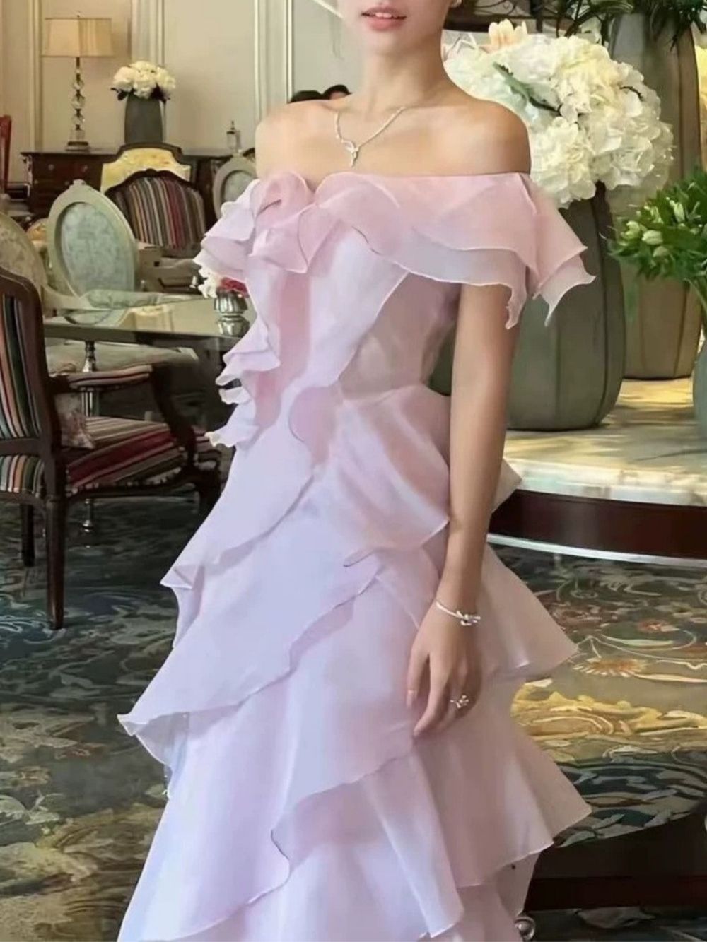 Off Shoulder Ruffled Layer Chiffon Maxi Evening Dress