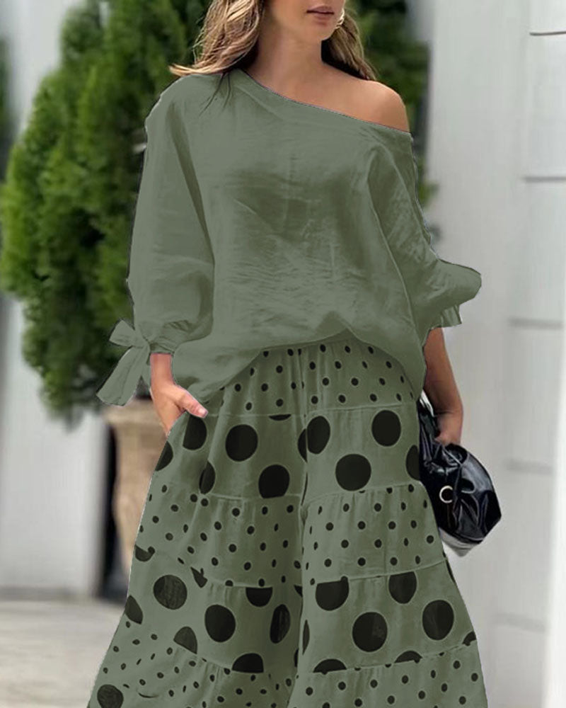 Casual Shoulder Top & Printed Pants Two-Piece Set - OWNCI Casual Shoulder Top & Printed Pants Two-Piece Set - OWNCI