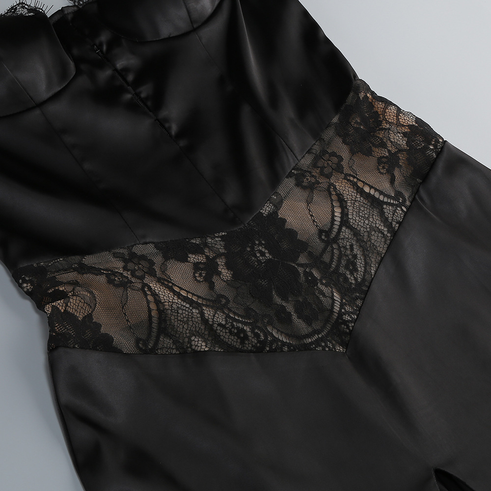 Satin Lace-Trimmed Slit Slip Maxi Dress In Black - OWNCI Satin Lace-Trimmed Slit Slip Maxi Dress In Black - OWNCI