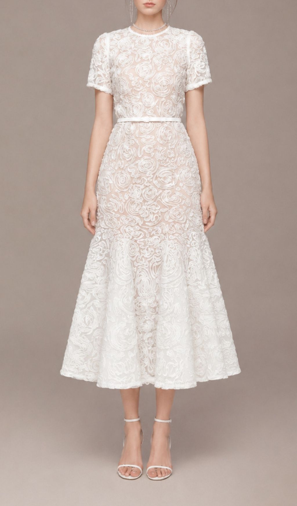 Latoya White Floral Belt Midi Dress for Wedding Guest - white, floral midi dress by OWNCI