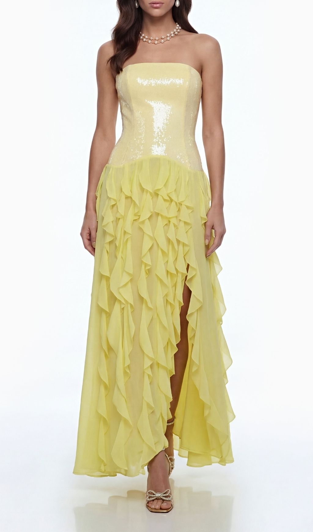 Florence Off-Shoulder Ruffle Slit Maxi Dress In Yellow