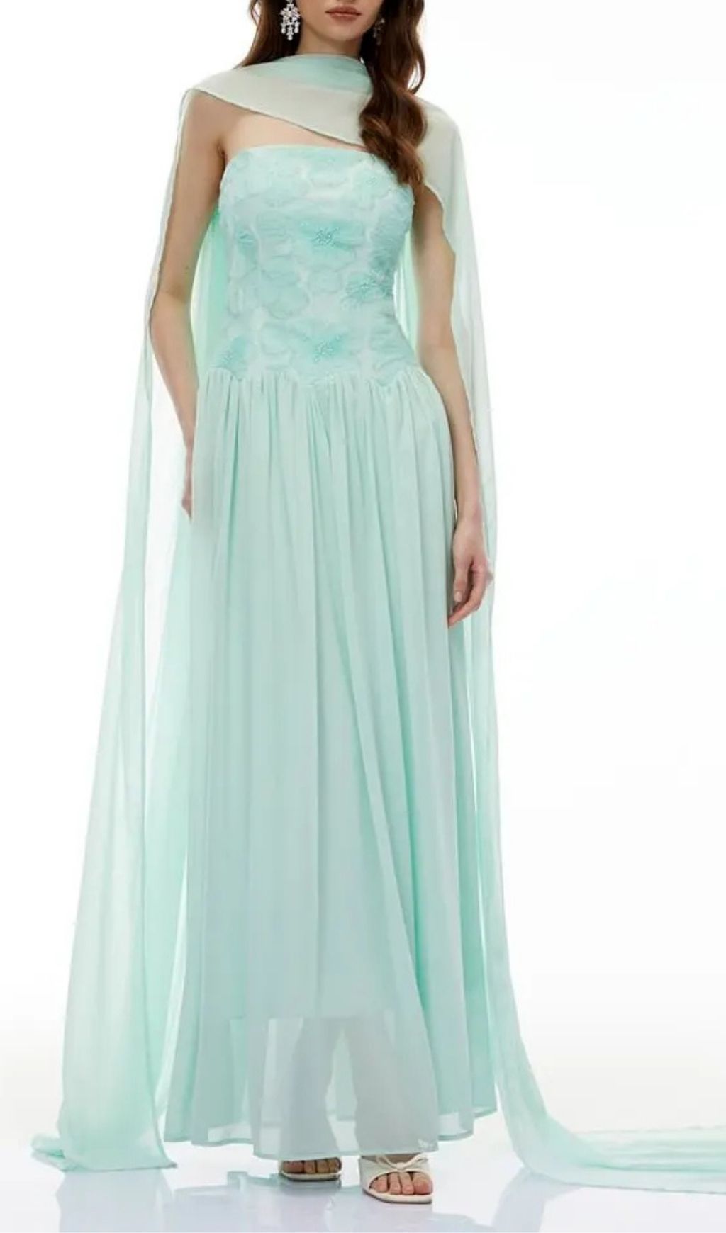 Rebecca Green Floral Embroidered Pleated Maxi Dress