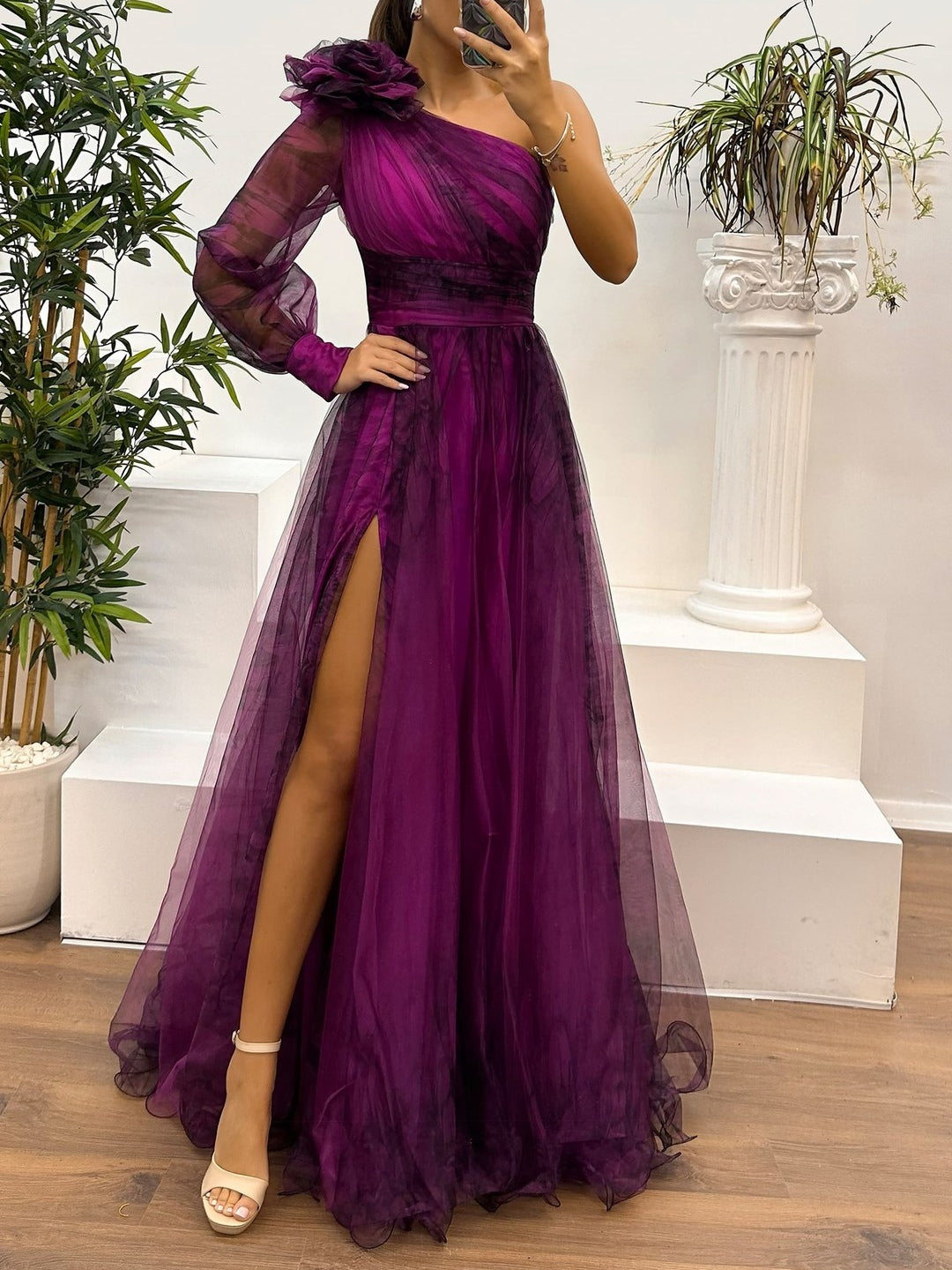 bed75c6e8c98b92ff6eef3e449355532 One Shoulder Mesh Abstract Gradient Print Maxi Dress