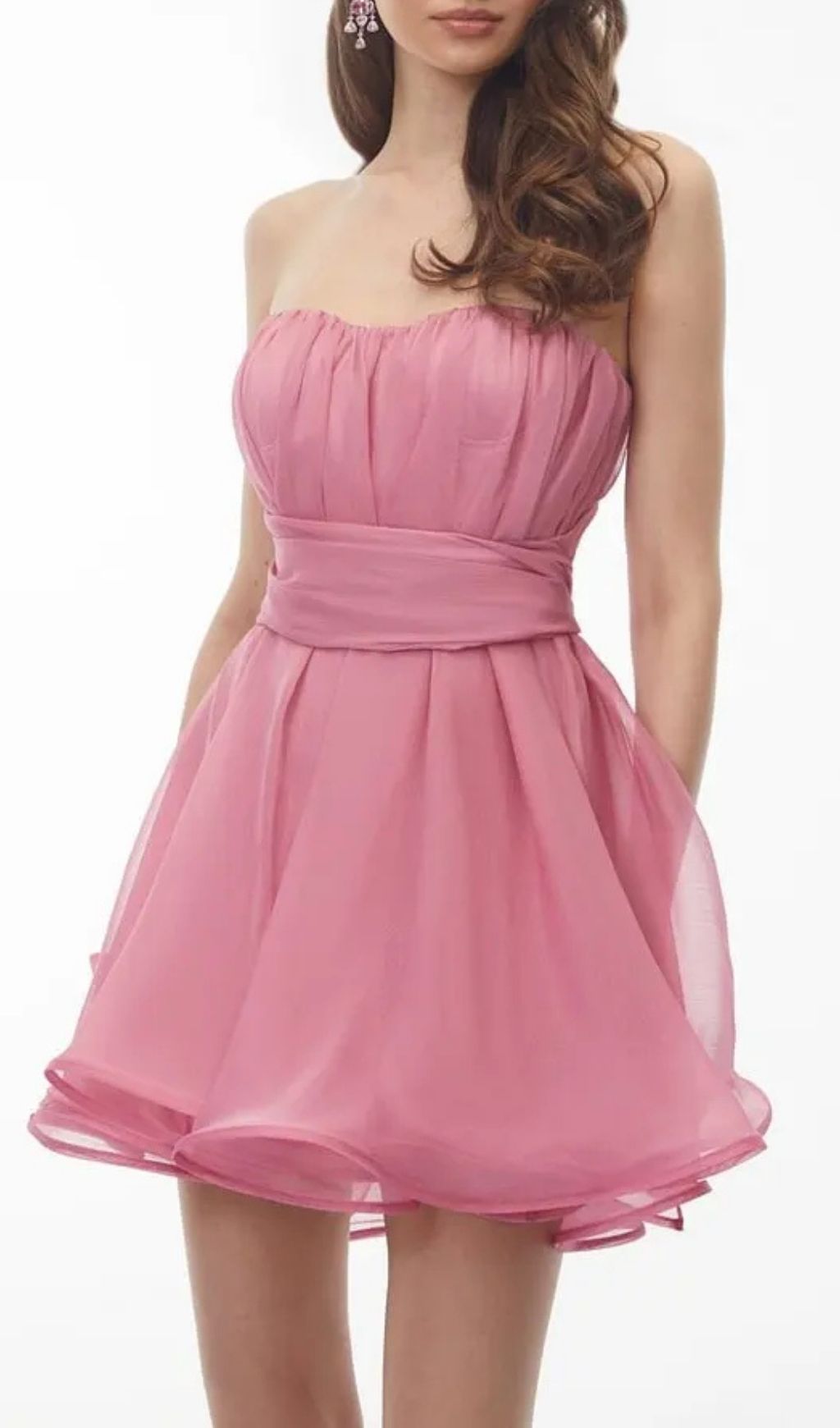 Rose Pink Ruched Mini Dress With Ribbon