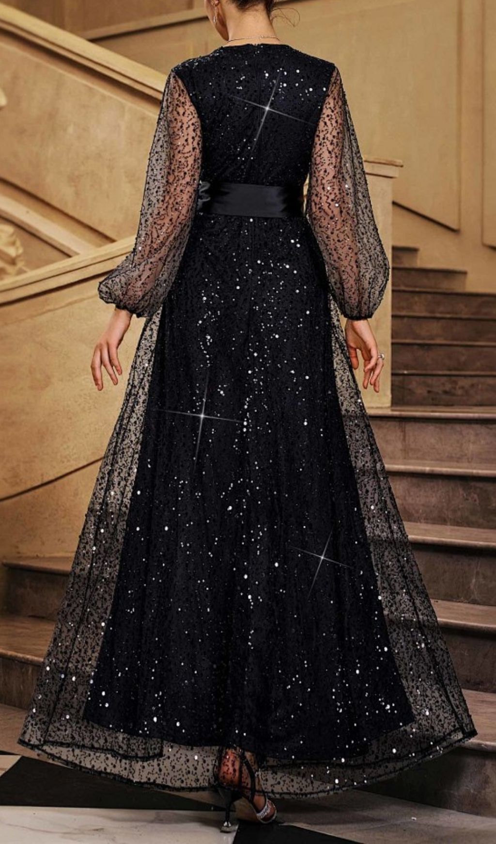Lavinia Black Sequin Maxi Dress, Long Sleeve Evening Gown - black, embellished gown by OWNCI