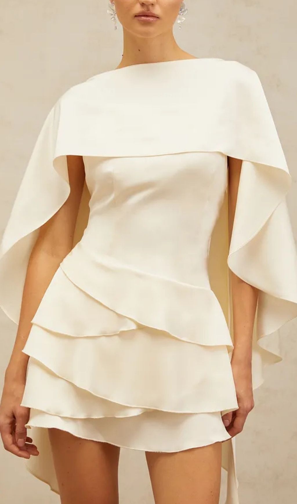 bf00f657aeb338a5086748720ae7f690 Lyna White Satin Ruffled Mini Dress With Shawl Panel Detail