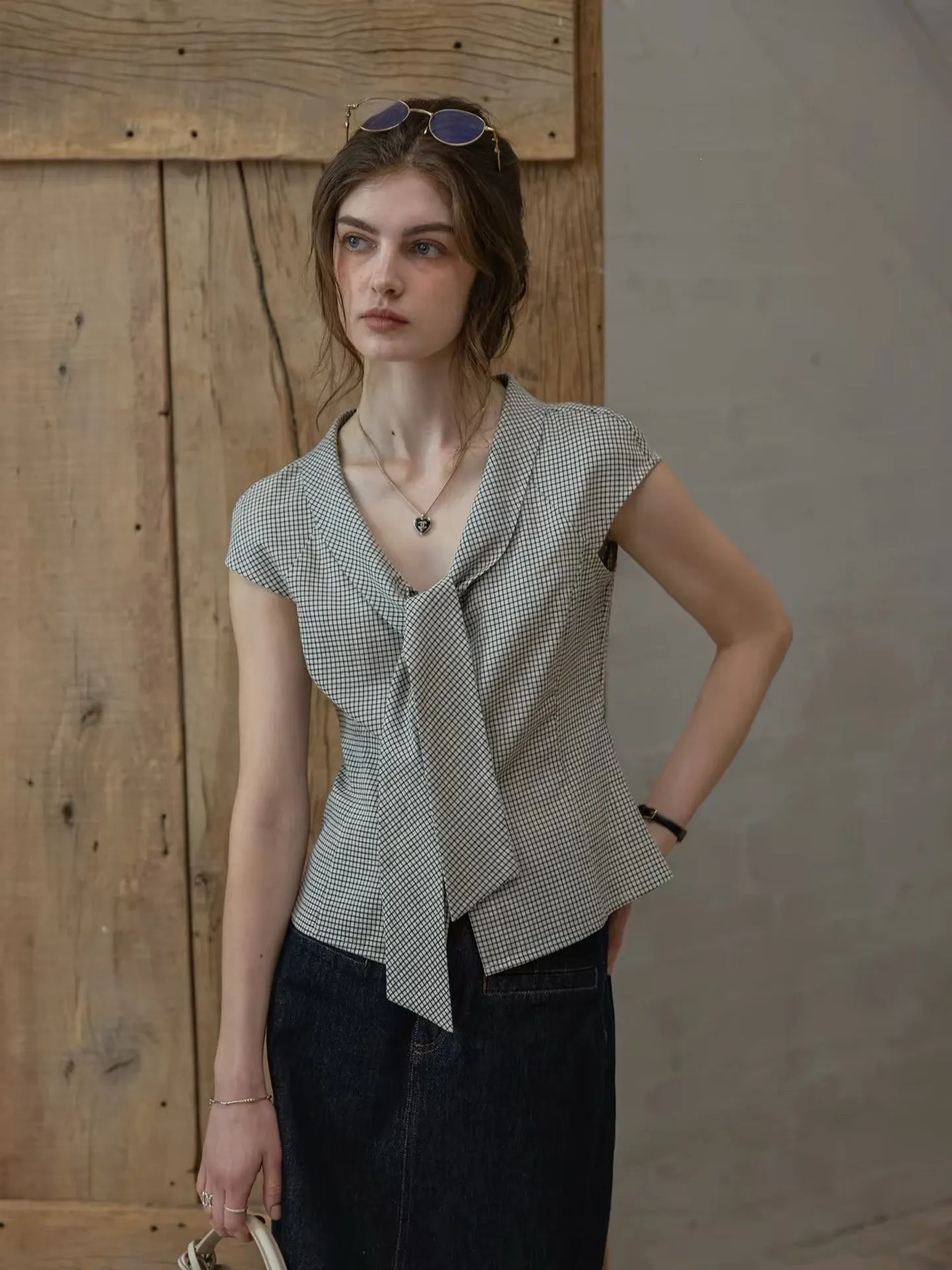 Plaid French Slim-Fit V-Neck Tied Blouse
