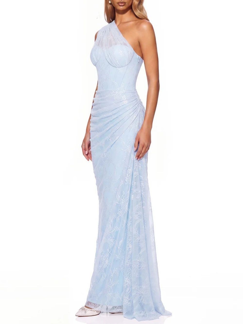 Fashionslee Women Lenric One Shoulder Ruched Lace Maxi Dress