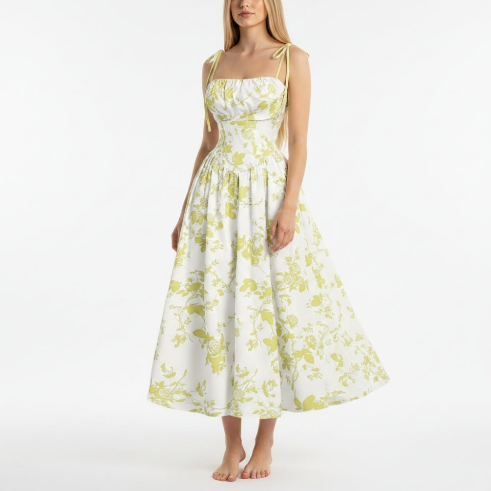 Smocked Floral Square Neck A-line Midi Dress - OWNCI