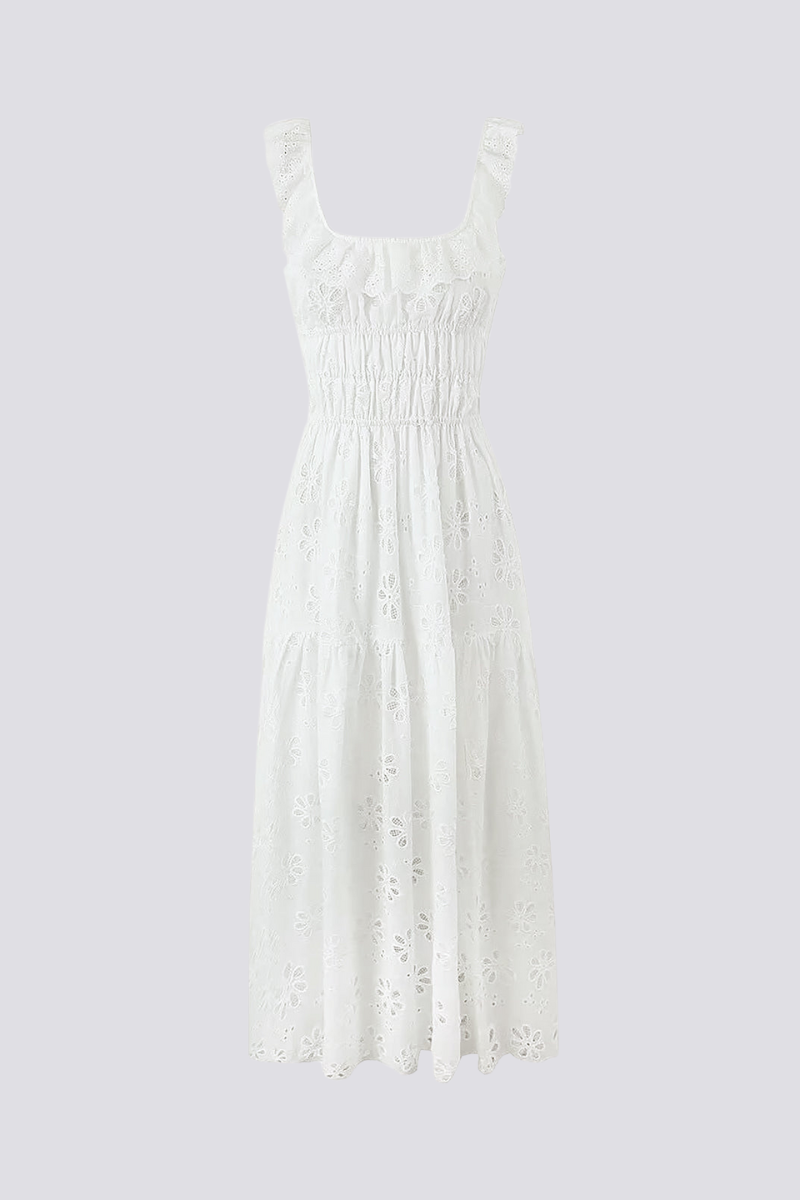 Ruffled Square Neck Embroidered Backless Slit Maxi Dress - White