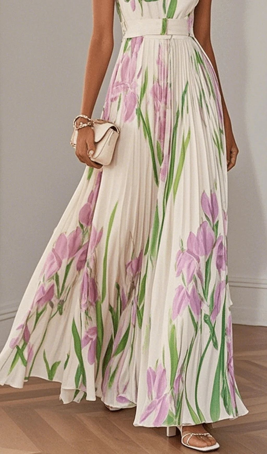 Fashionslee Women White Pleated Floral Chiffon Square Neck Sleeveless A-Line Maxi Dress