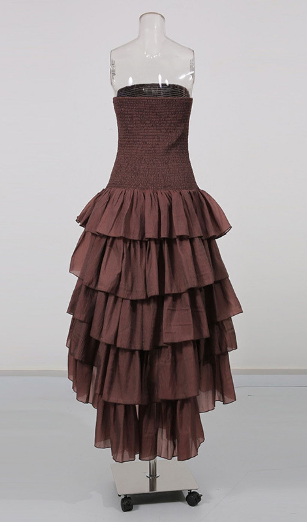 Fashionslee Women Lesia Brown Strapless Ruffle Layered Midi Dress