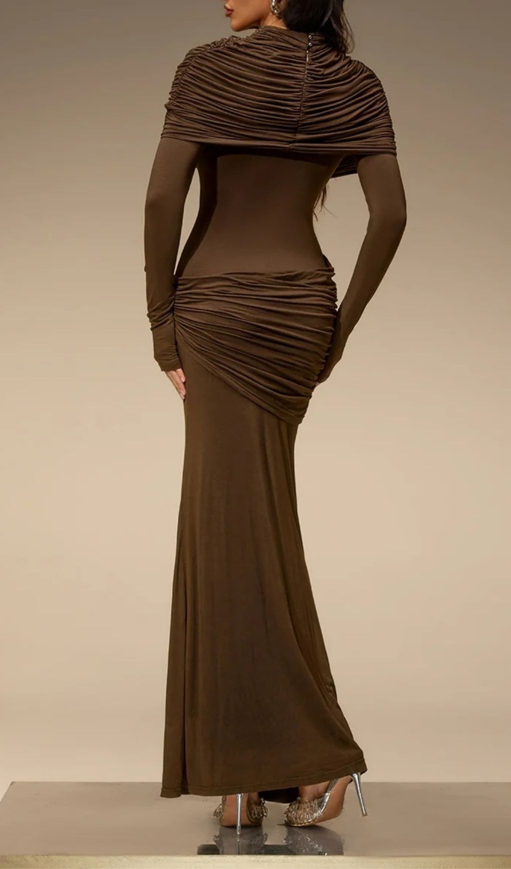 Fashionslee Women Cavero Cape Ruched Maxi Dress