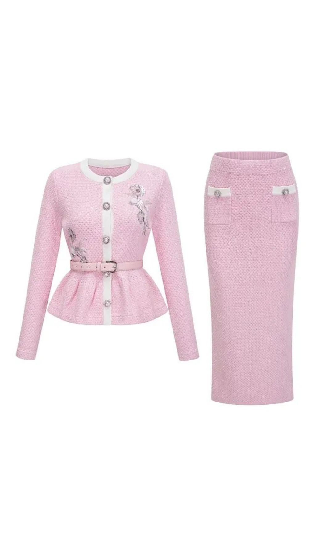 Shirley Sequined Knit Cardigan & Skirt Set - Pink