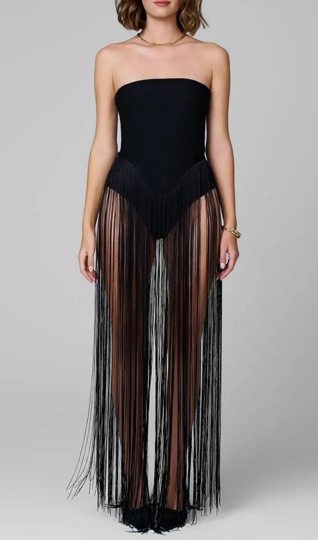 Helen Bodysuit Fringe Strapless Mini Dress In Black