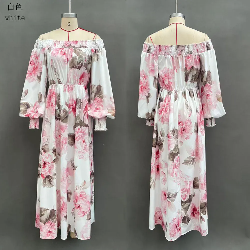 Off-Shoulder Print Lantern Sleeve Maxi Dress