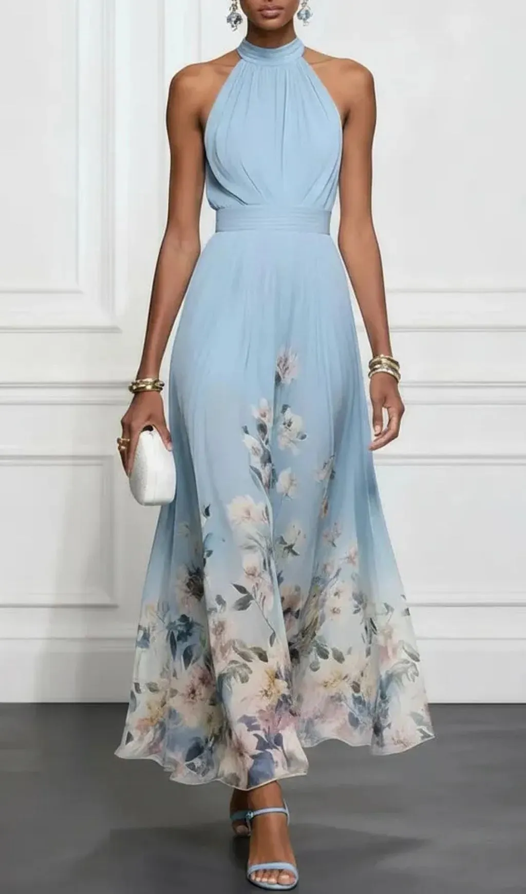 Fashionslee Women Light Blue Floral Chiffon Halter Sleeveless Maxi Dress