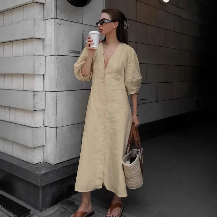 Loose-Fitting Puff Sleeve V-Neck Cotton Linen Midi Dress