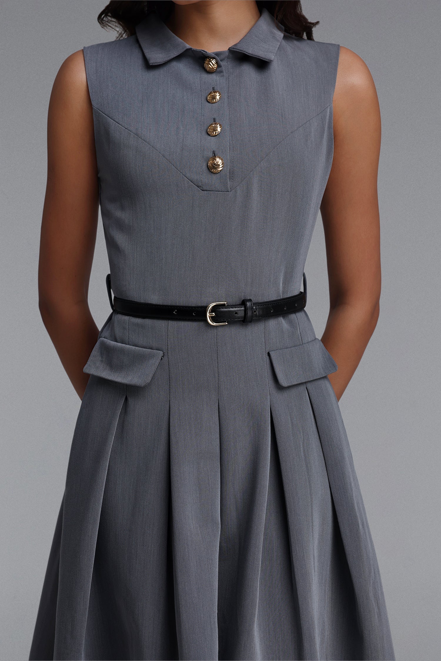Collared Sleeveless Belted Pleated Midi Shirt Dress