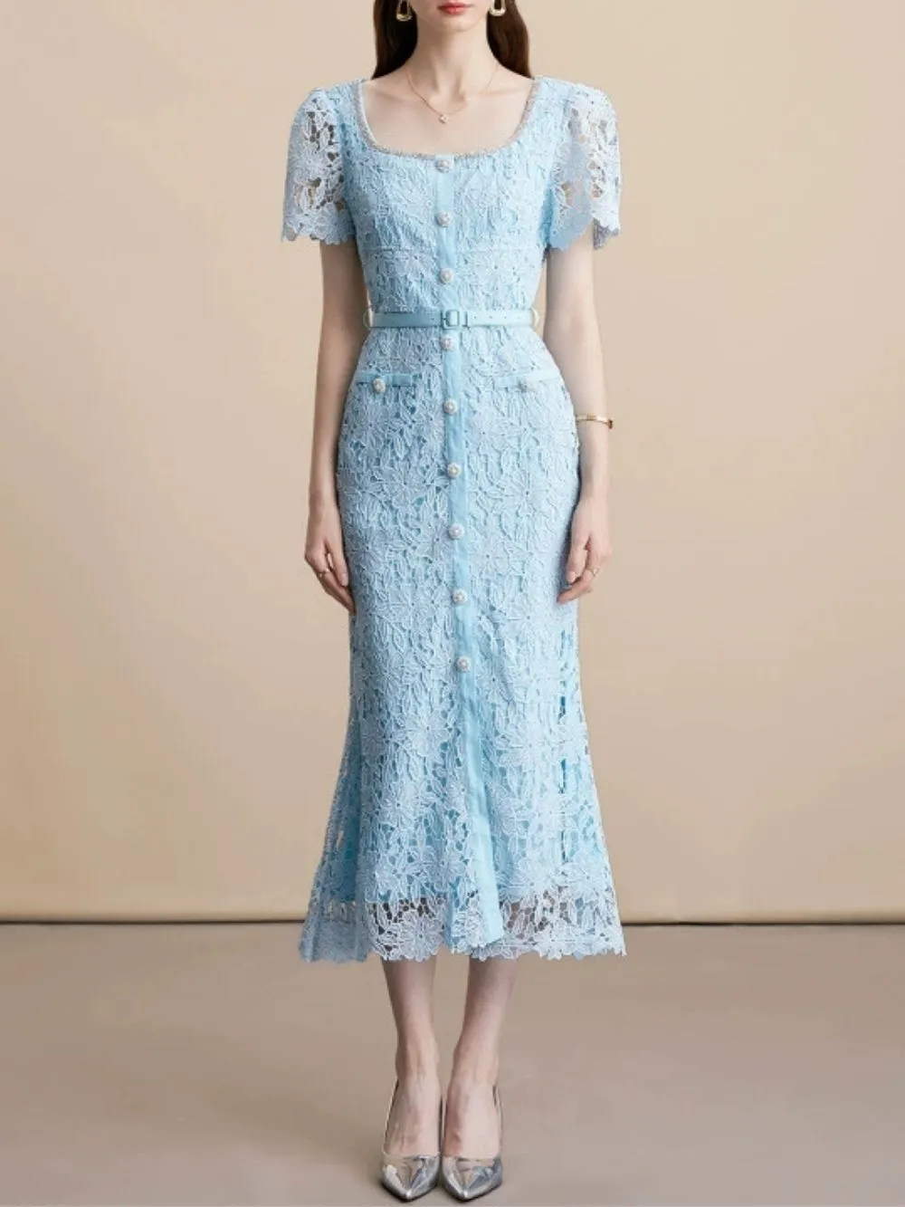 Maija Blue Lace Midi Dress - OWNCI Maija Blue Lace Midi Dress - OWNCI