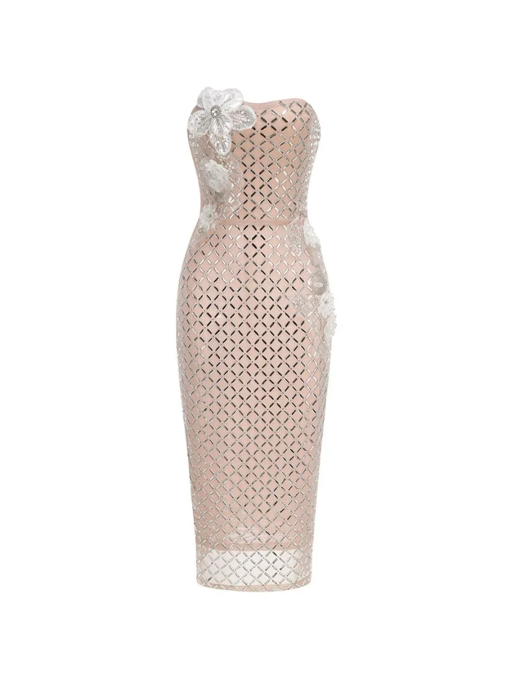 Malie Strapless Crystal Flower Embellished Midi Dress - OWNCI Malie Strapless Crystal Flower Embellished Midi Dress - OWNCI