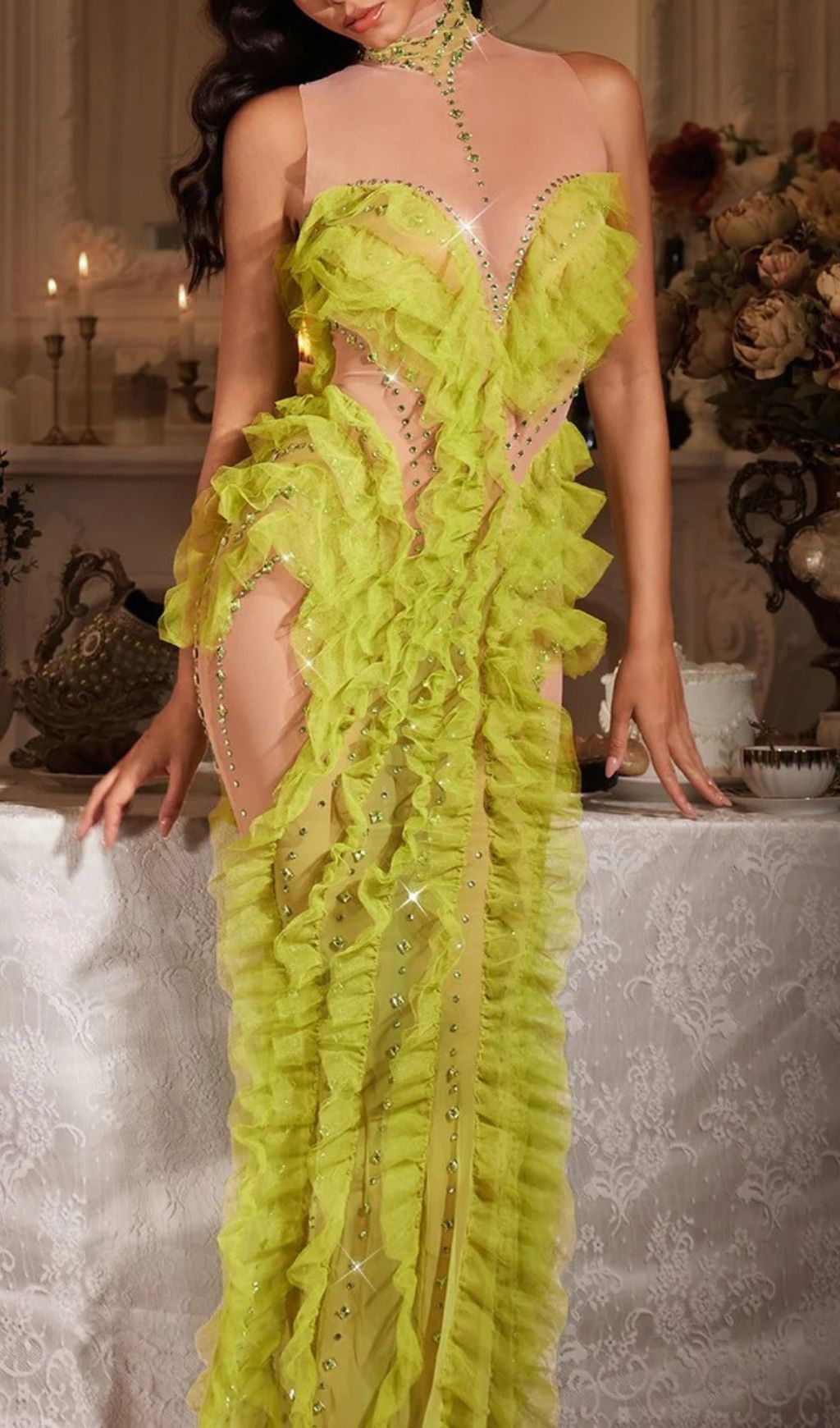 Jaela Yellow Diamante Mesh Maxi Dress