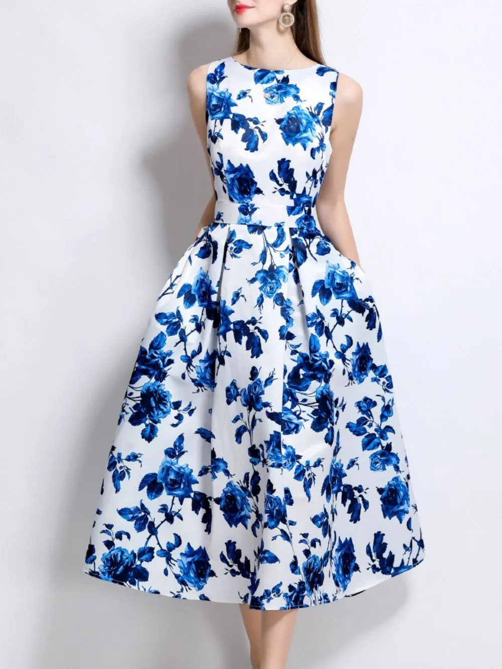 Maicy Blue Sleeveless Floral Midi Dress - OWNCI Maicy Blue Sleeveless Floral Midi Dress - OWNCI