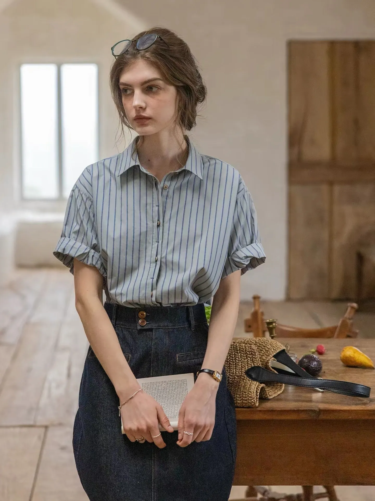 Cotton Dark Striped Color-Block Patchwork Shirt
