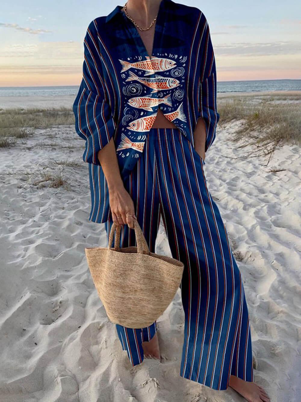 c19cc75e75cf759823c4e4bdb27a505c Ocean Print Oversized Shirt and Elastic Waist Pocket Pants Set