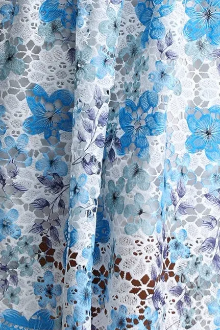 Blue Floral Hollow Lace High Neck Short Puff Sleeve Midi A-Line Dress