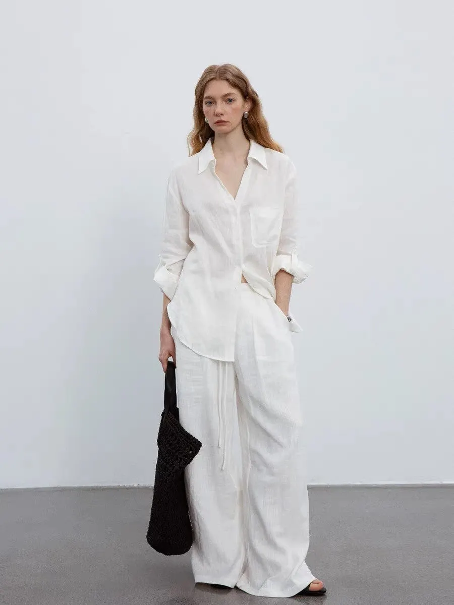 White V-Neck Linen Long-Sleeved Shirt