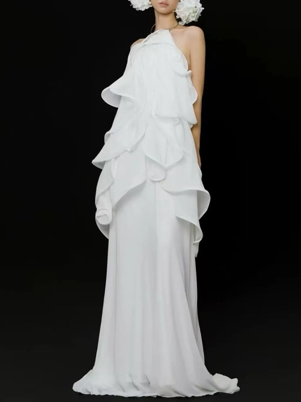 Fashionslee Women Kaelum Backless Ruffle Maxi Dress In White