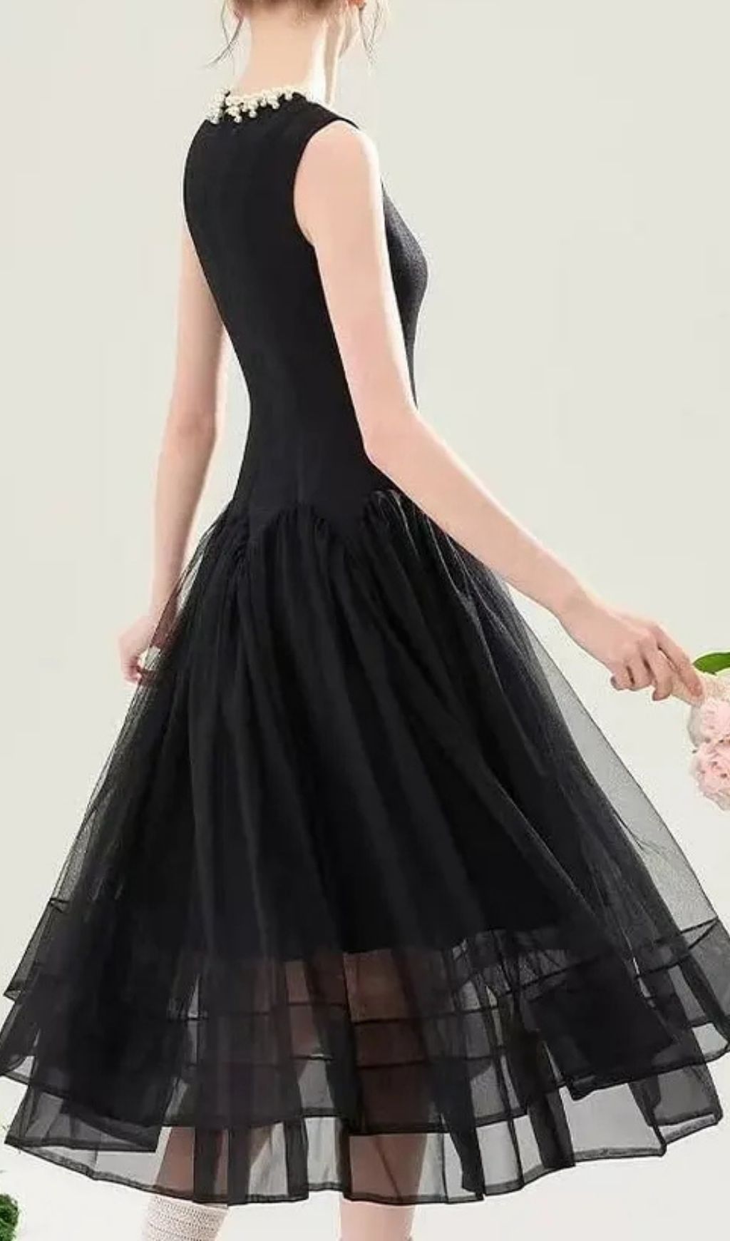 c1e57754ad6c85486e264d334c08aac0 Sleeveless Midi Dress With Tulle Skirt And Pearl Embellished Collar - Black