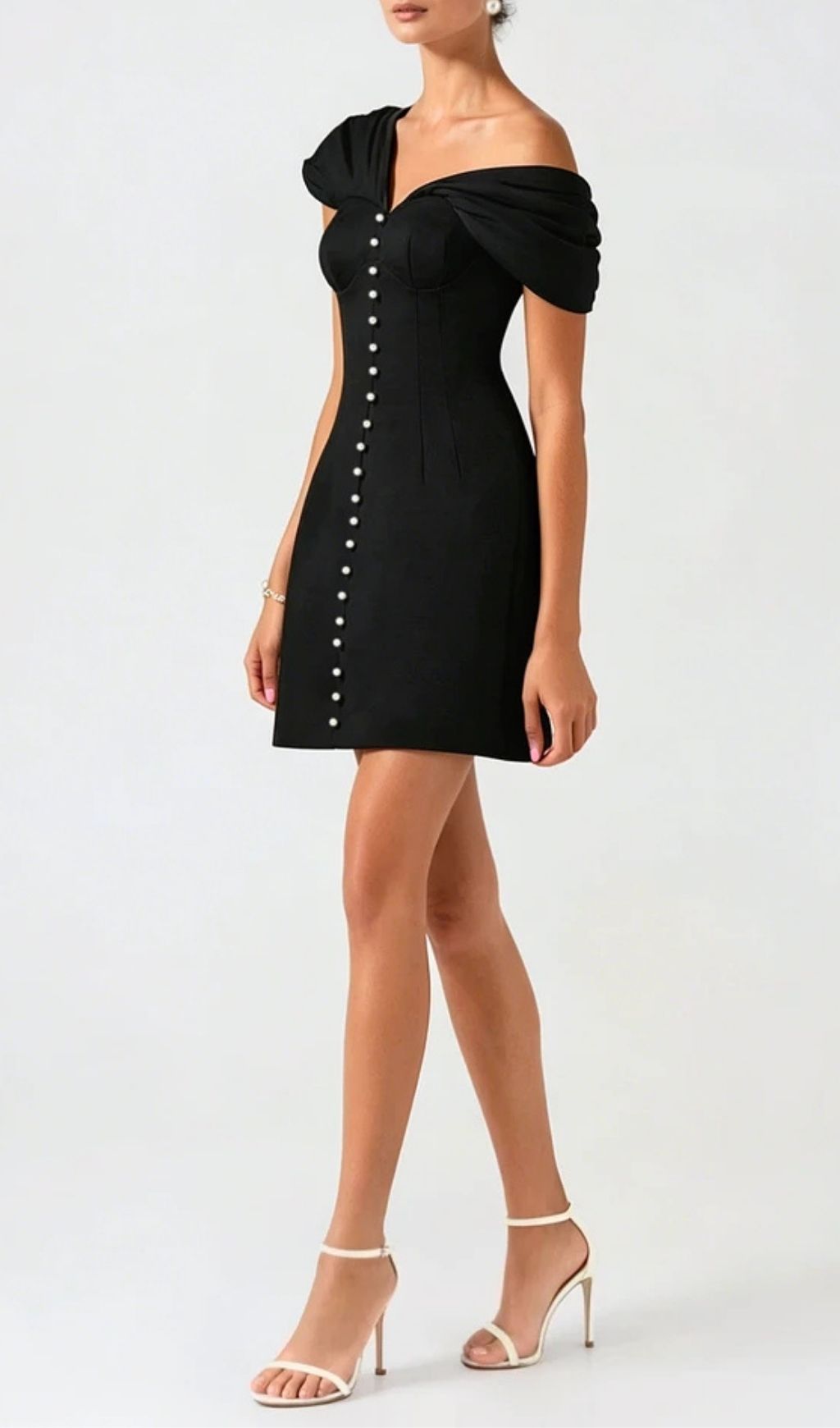 Luzasa Off Shoulder Buttoned Mini Dress - Black