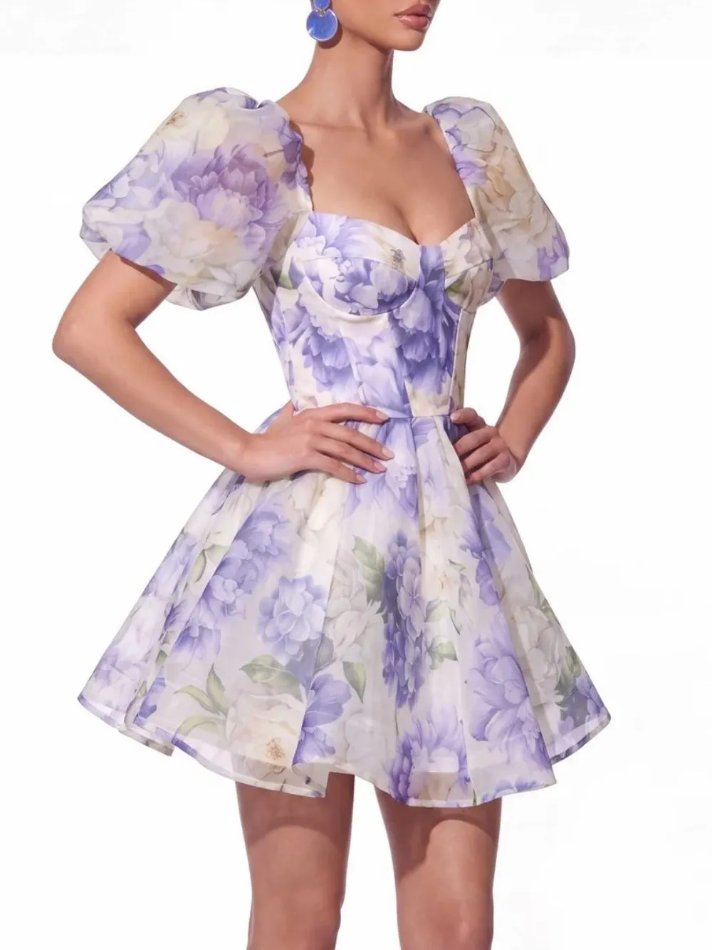 Fay Puff Sleeve Floral Organza Mini Dress