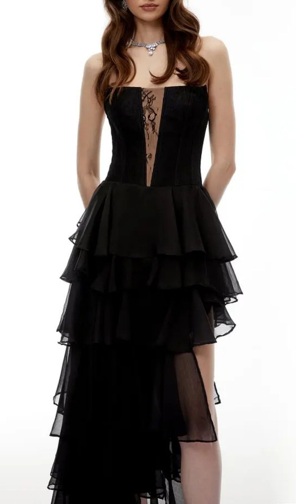 Sophia Cut-Out Tulle Layer Strapless Maxi Dress In Black