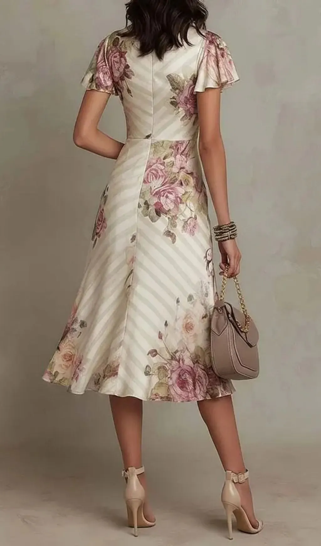 Fashionslee Women Elegant Vintage Floral Satin Midi Dress