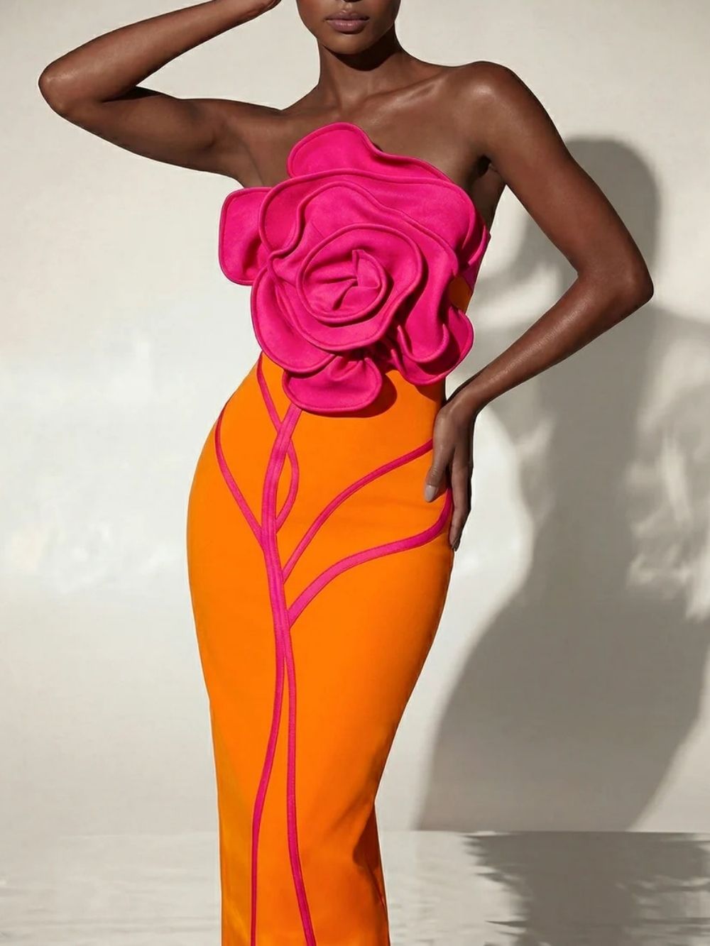 c30019ab9d15a2c1eef8b191cdfa27e4 Caldren Strapless Flower Bandage Midi Dress In Orange