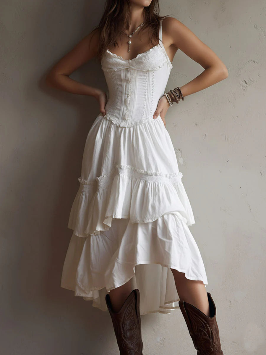 White Renee Corset Tiered Midi Dress With Lace-Trim