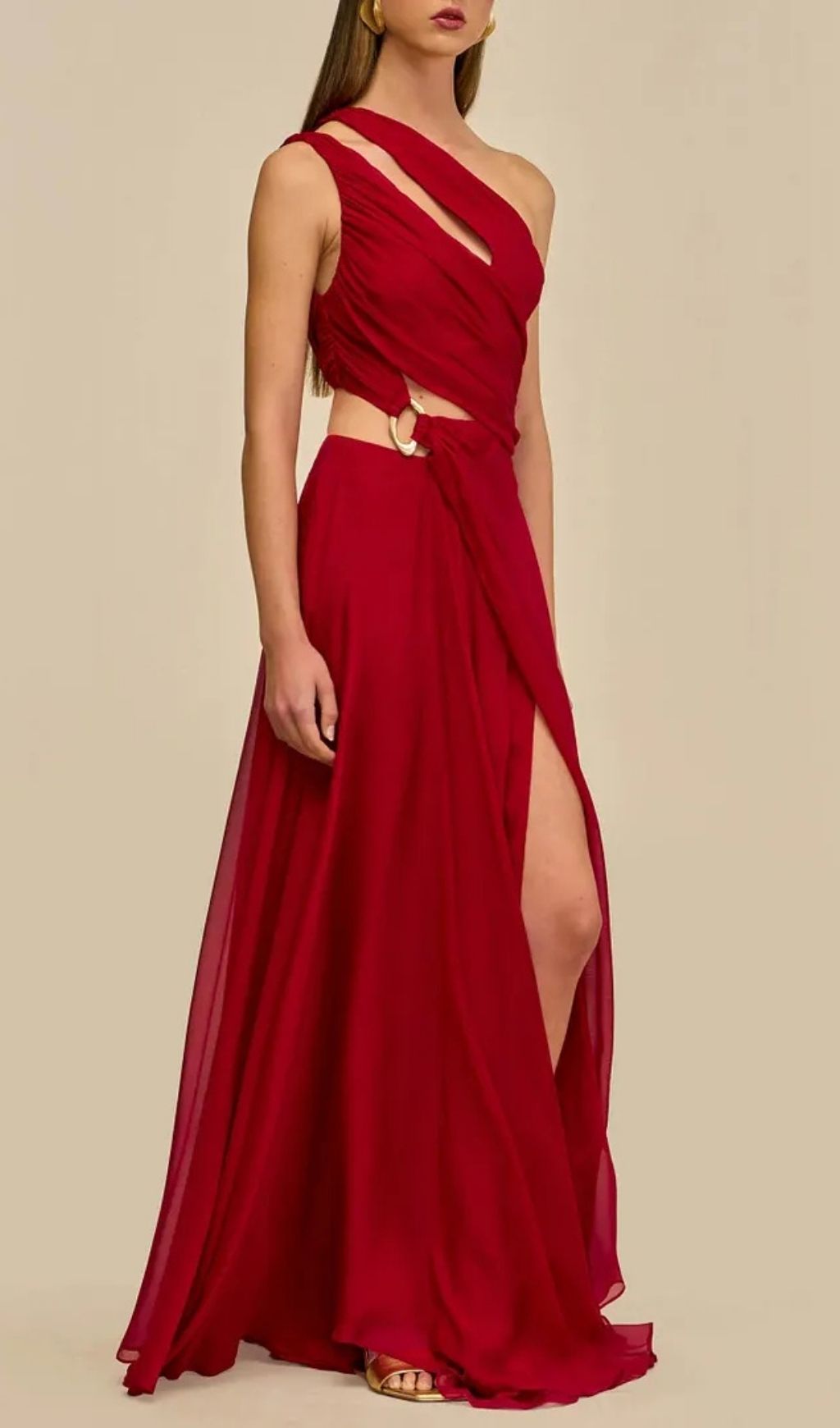 c30c2d1a5be7609cc6980b642876e4d7 Agatha One Shoulder Draped High Slit Silk Gown In Red